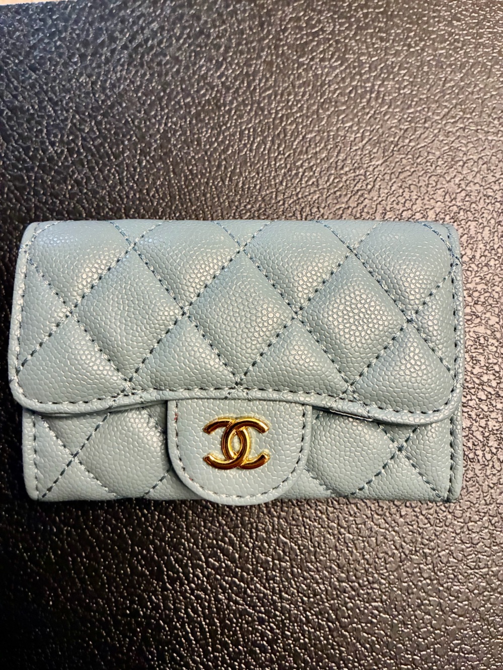 ChaneI Caviar Quilted Flap Mini Wallet Grey Blue with Gold - Tone Logo - Picture 5 of 6